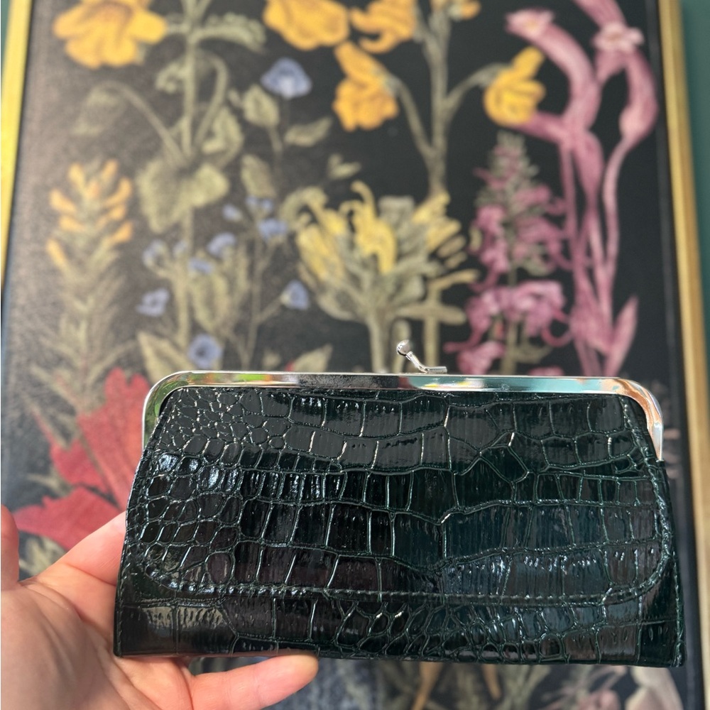 Dark Green Crocodile-Embossed Clutch